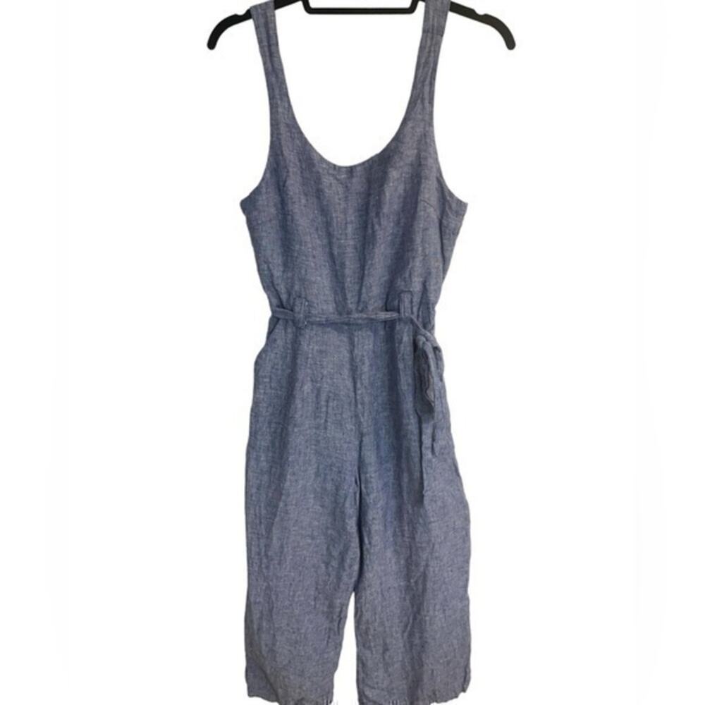 Rachel Zoe 100% Linen Chambray Jumpsuit Belted Cropped Wide Leg Romper Sz 2